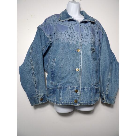 Vtg 90s Together Jean Jacket Sz Large Denim Eyelet Crochet Buttons READ - Picture 4 of 16